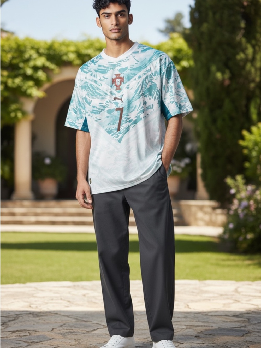 Puma Men's White and Teal Graphic Football Jersey